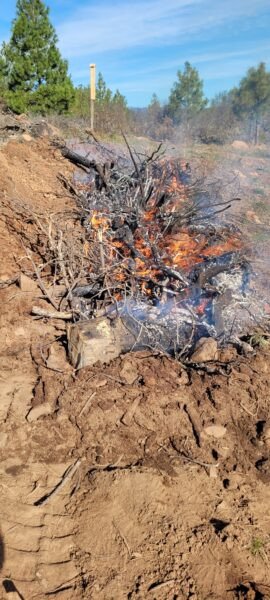 Burning brush to create both ash (a great amendment itself), and bio-char. Creating the heart of the Hugelkultur.